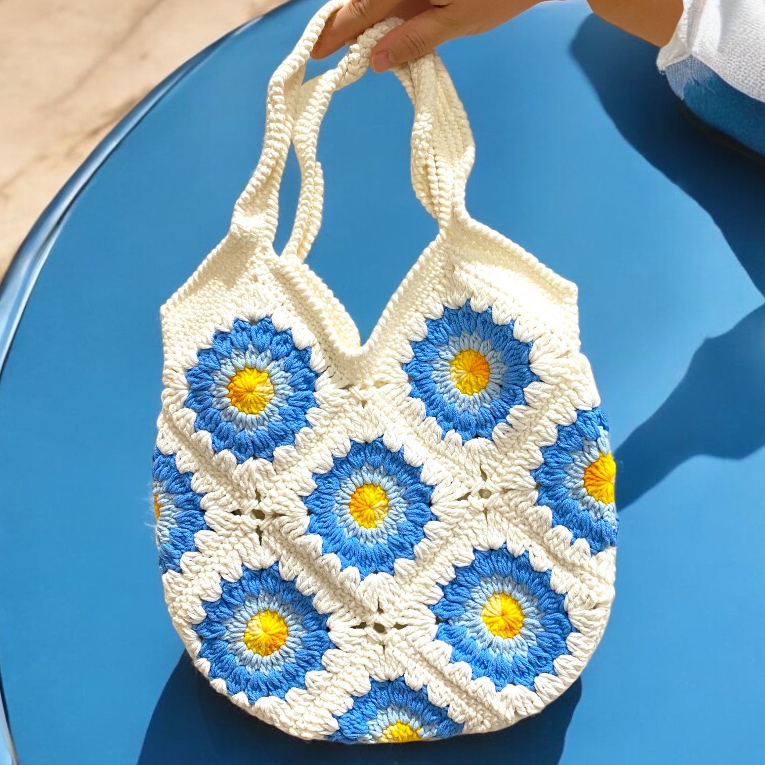 Blue crochet bag sale