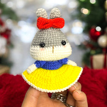 Load image into Gallery viewer, Bunny Girl in Ballroom Yellow and Blue Dress Crochet Keychain K0420
