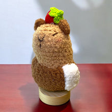 Load image into Gallery viewer, Capybara in Bath with Towel & a Strawberry Crochet Keychain K0523
