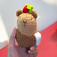 Load image into Gallery viewer, Capybara in Bath with Towel & a Strawberry Crochet Keychain K0523