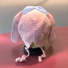 Load image into Gallery viewer, Pink Bunny Gal with Blue Bow Soft Crochet Beanie