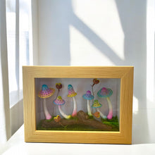 Load image into Gallery viewer, Enchanted Glow: Handmade Micro Crochet Pastel Mushroom Scene Shadowbox with Fireflies K0229