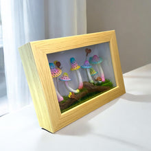 Load image into Gallery viewer, Enchanted Glow: Handmade Micro Crochet Pastel Mushroom Scene Shadowbox with Fireflies K0229