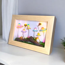 Load image into Gallery viewer, Enchanted Glow: Handmade Micro Crochet Pastel Mushroom Scene Shadowbox with Fireflies K0229