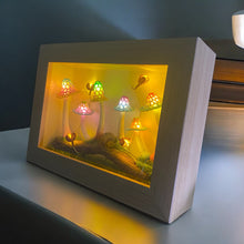 Load image into Gallery viewer, Enchanted Glow: Handmade Micro Crochet Pastel Mushroom Scene Shadowbox with Fireflies K0229