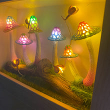 Load image into Gallery viewer, Enchanted Glow: Handmade Micro Crochet Pastel Mushroom Scene Shadowbox with Fireflies K0229