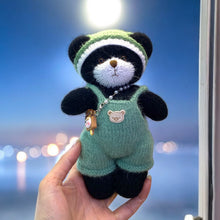Load image into Gallery viewer, Cuddly Black Bear with Green Romper and Matching Beanie Knitted Figure K0237