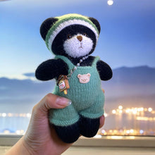 Load image into Gallery viewer, Cuddly Black Bear with Green Romper and Matching Beanie Knitted Figure K0237