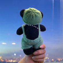 Load image into Gallery viewer, Cuddly Black Bear with Green Romper and Matching Beanie Knitted Figure K0237