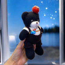 Load image into Gallery viewer, Cuddly Black Bear with Overall's, Striped Shirt, and Mini Apple Knitted Figure K0238