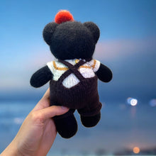 Load image into Gallery viewer, Cuddly Black Bear with Overall's, Striped Shirt, and Mini Apple Knitted Figure K0238