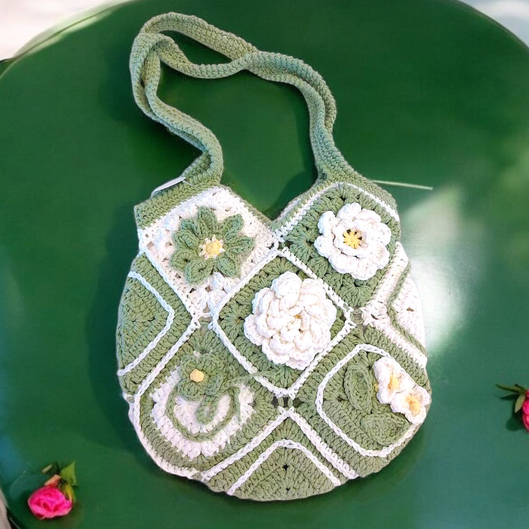 Green Flower Day Round Crochet Bag