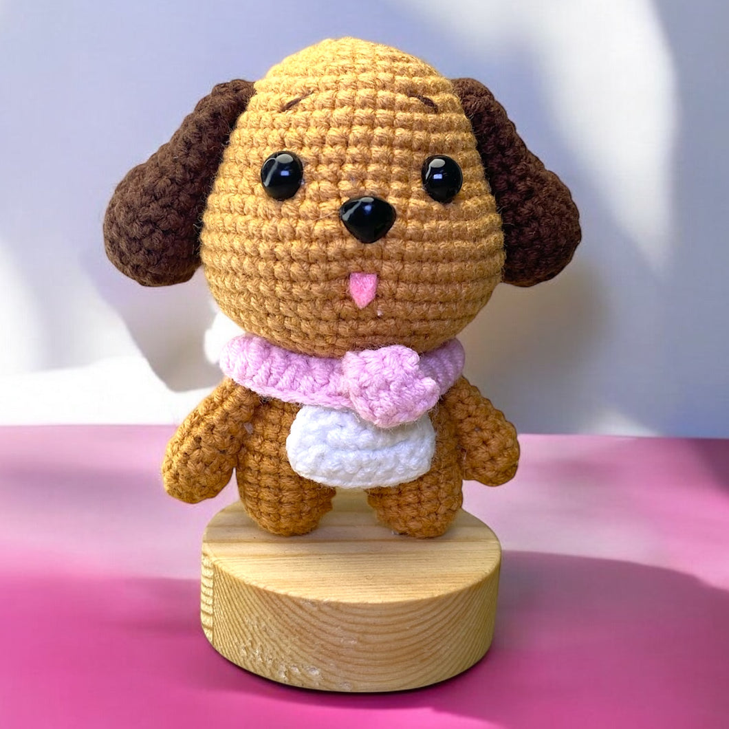 Brown Puppy Dog with Pink Scarf Crochet Keychain K0401