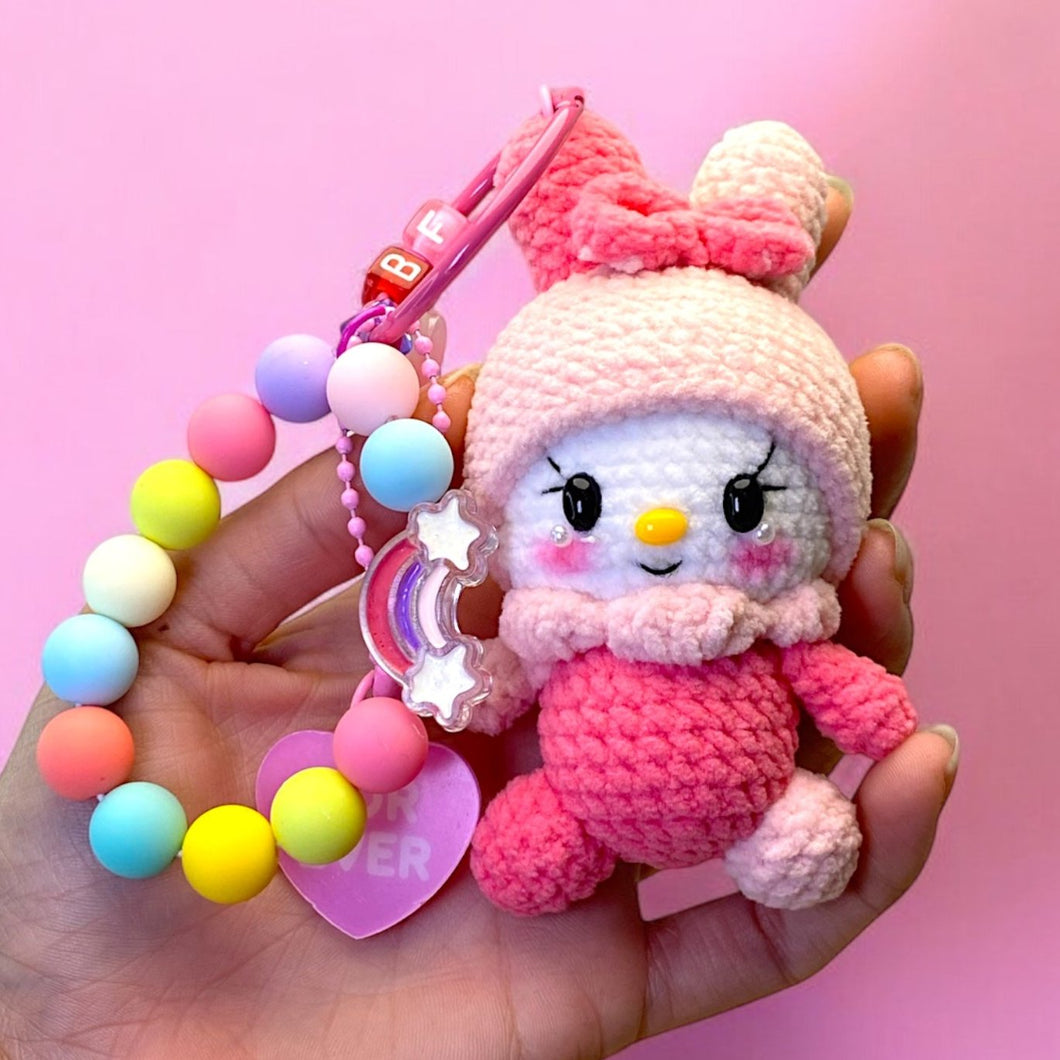 White Bunny Gal with Bunny Costume & Pastel Charms Crochet Keychain K0530