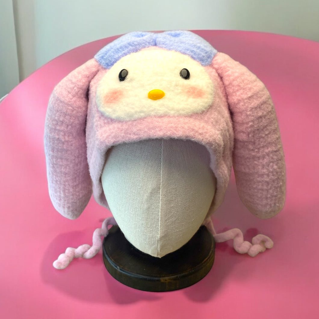 Pink Bunny Gal with Blue Bow Soft Crochet Beanie