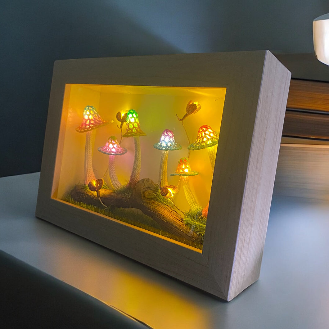 Enchanted Glow: Handmade Micro Crochet Pastel Mushroom Scene Shadowbox with Fireflies K0229