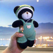 Load image into Gallery viewer, Cuddly Black Bear with Green Romper and Matching Beanie Knitted Figure K0237
