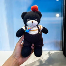 Load image into Gallery viewer, Cuddly Black Bear with Overall&#39;s, Striped Shirt, and Mini Apple Knitted Figure K0238
